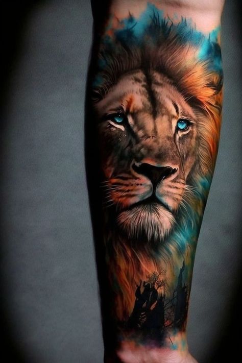 Coloured Lion Tattoo, Lion Tattoo With Color, Lion Cover Up Tattoo Men, Color Sleeve Tattoos For Men, Realistic Lion Tattoo Design, Color Tattoo For Men, Lion Tattoo Half Sleeve, Leones Tattoo, Lion Tattoo On Forearm