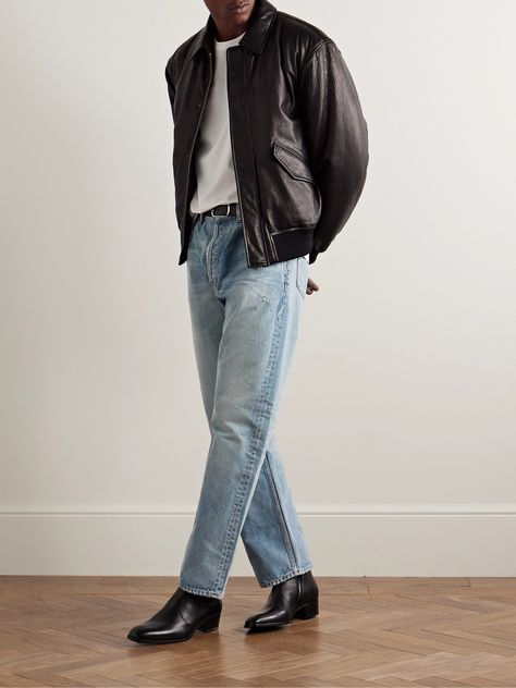 Yves Saint Laurent once said he wished he'd invented blue jeans, which might be why the house does them so well. This pair is made from denim that's washed and subtly distressed for a worn-in look and feel and cut in a straight-leg, mid-rise profile. Wear them with the label's loafers or Chelsea boots. Demin Jeans Outfits Men, Man Chelsea Boots Outfit, Chelsea Boots And Jeans Mens, Saint Laurent Chelsea Boots Men, Cowboy Rocker Style Men, Saint Laurent Boots Men Outfit, Men Straight Jeans Outfit, Saint Laurent Men Outfit, Mens Straight Leg Jeans Outfits