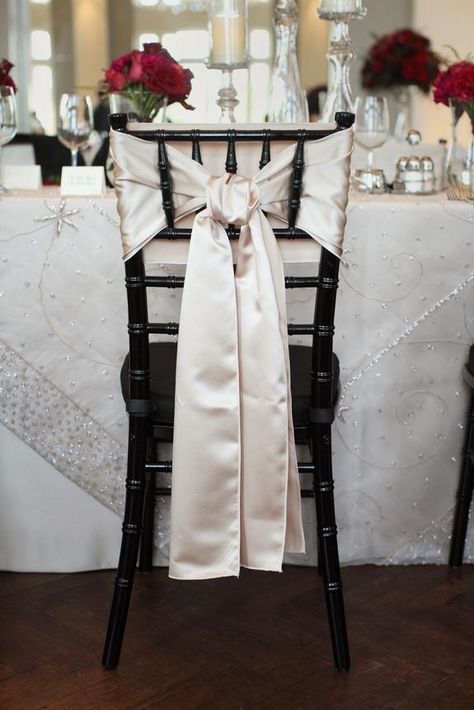 Bows On Chairs, Tiffany Chairs Wedding Decor, White Chair Bows Wedding, Bows On Aisle Chairs, Sashes On Chiavari Chairs, Brown Chiavari Chairs Wedding, Champagne Chair Sash, Champagne Chairs, Tiffany Chair