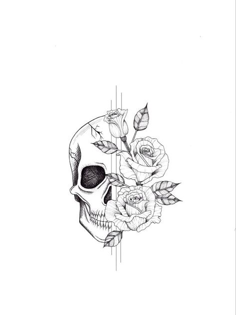 Half Rose Half Skull Tattoo, Flowery Skull Tattoo, Skull Line Work Tattoo, Half Skull Half Flower Drawing, Small Skull With Rose Tattoo, Scull Flower Tattoos, Skull With Roses Drawing Easy, Line Art Skull Tattoo, Fine Line Skull And Flower Tattoo