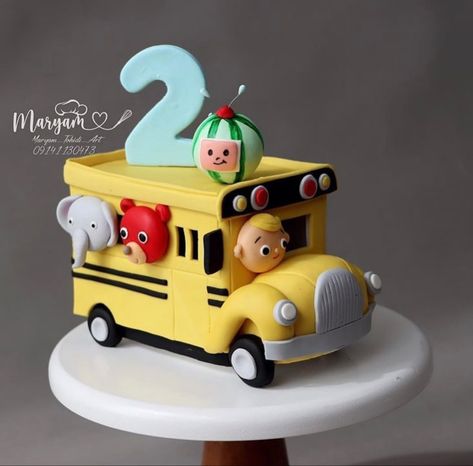 Coco Melon Bus Cake, 2nd Year Birthday Cake, Bus Cakes For Boys, Birthday Cake 2 Year Boy, Second Birthday Cake Boy, Bus 2nd Birthday Party, Cocomelon Bus Cake, Bus Theme Cake, Wheels On The Bus Cake