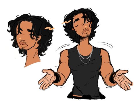 Male Relaxed Poses Drawing, Curly Mullet Drawing, Male Oc Hair Ideas, Curled Up In A Ball Pose Drawing, Character Design Black Male, Mullet Hair Drawing, Black Hair Oc Art, Male Oc Reference, Black Man Character Design