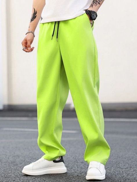 Manfinity EMRG Men Fluorescent Green Drawstring Waist Straight Leg Casual Daily Pants Hard Summer, Men Pants, Kids Beachwear, Neon Pink, Drawstring Waist, Women Clothes Sale, Straight Leg, Neon, Mens Outfits