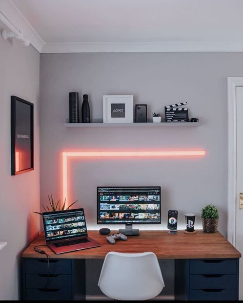 Mens Bedroom Decor, Computer Desk Setup, Home Studio Setup, Desktop Setup, Bedroom Setup, Gaming Room Setup, Workspace Inspiration, Gamer Room, Game Room Design