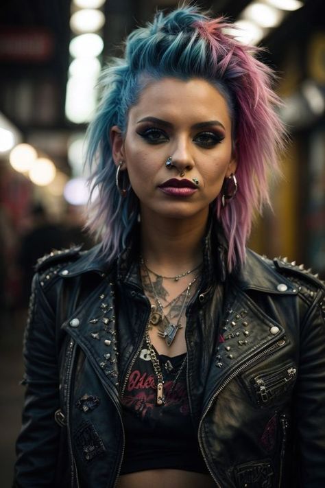 Women Punk Hairstyles, Punk Fashion 80s Women, Punk Hair Long Hairstyles, Punk Hair And Makeup, Wavy Punk Hair, Feminine Punk Hair, Edgy Colored Hair, Punk Make Up 80s, Heavy Metal Makeup Looks