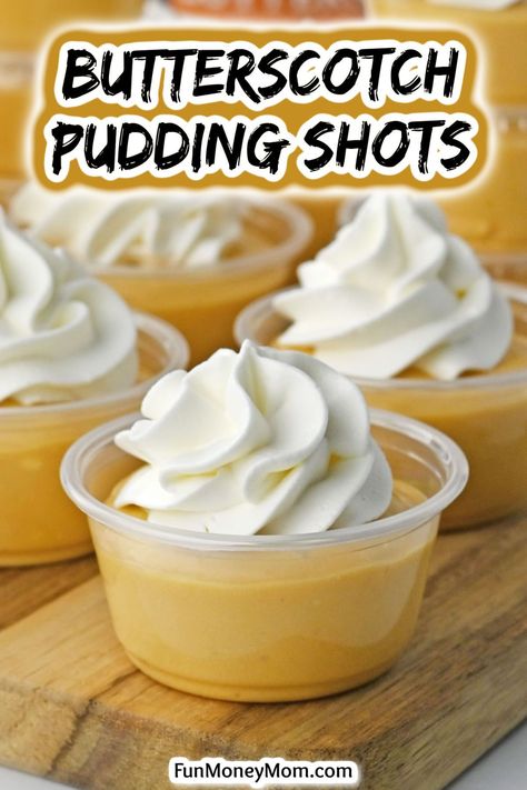 Butterscotch pudding shots are the perfect way to take your fall party up a notch! This creamy dessert-like treat comes with a fun and boozy kick that makes it the ultimate crowd-pleaser! Butterscotch Pudding Shots, Salted Caramel Pudding Shots, Halloween Pudding Shots, Thanksgiving Pudding, Vanilla Pudding Shots, Pudding Shot Recipes, Jello Pudding Shots, Easy Puddings, Alcoholic Desserts