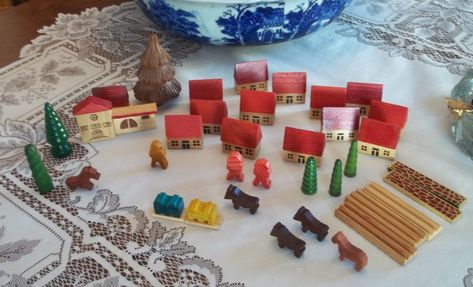 VTG GERMAN ERZGEBIRGE Putz Mini Wooden Village Houses ,Animals, People, Trees + - $49.95. Up for purchase are 33 pieces of 1960 Erzgebirge East Germany Putz Village piecesIncludes houses. ? Train, Trees, animals . PeoplePlease look at all the pictures as they give the best detailed descriptiongood condition The animals and people are flat backs.Thank you for looking. 323594353113 Wooden Blocks Toys, Brick Decor, Wood Building, Christmas Village Houses, Putz Houses, Bright Paintings, Toy House, Farm Buildings, Preschool Games