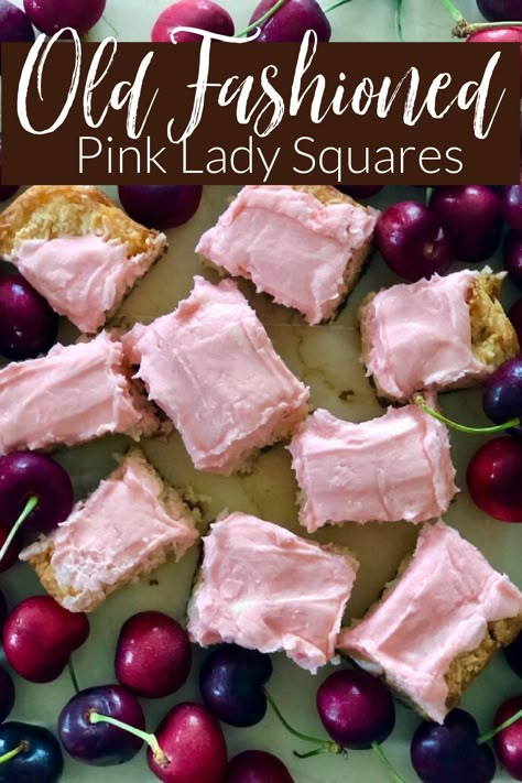 Pink Lady Dessert, Nut Free Squares And Bars Recipes, Old Fashioned Squares, Dream Squares Recipe, Raspberry Squares Recipe, Cherry Dream Squares, Pink Lady Squares, Quick Squares Recipes, Quick And Easy Squares Recipes