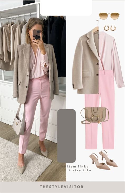 Pink And Beige Outfit, Pink Pants Outfit Work, Trousers Outfit Work, Pink Trousers Outfit, Casual Trench Coat Outfit, Pale Pink Pants, Pink Pants Outfit, Pants Outfit Work, Business Lady