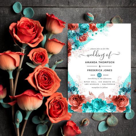 Turquoise and Coral Rustic Floral Wedding Invitation Turquoise Wedding Invitations, Handwriting Typography, Rustic Floral Wedding, Orange Wedding Themes, Burnt Orange Weddings, Coral Watercolor, Foliage Wedding, Watercolor Roses, Turquoise Wedding