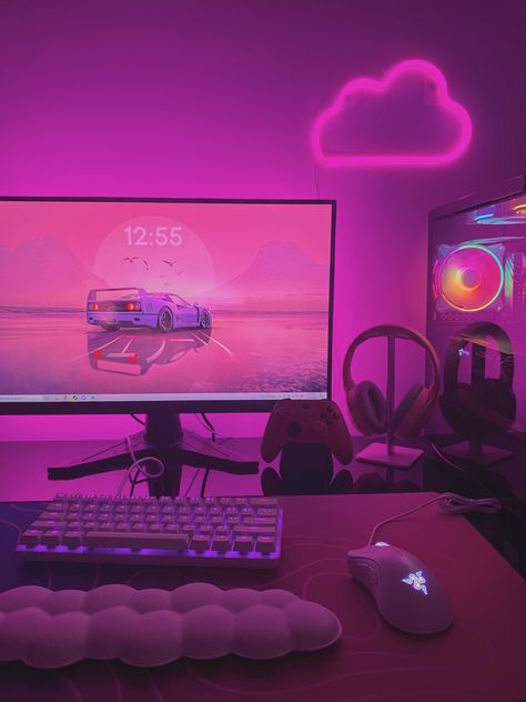 Aesthetic Pc Setup, 40 Gifts, Desk Gaming, Best Gaming Setup, Girl Desk, Aesthetic Bedroom Decor, Pink Games, Gamer Room Decor, Pc Gaming Setup