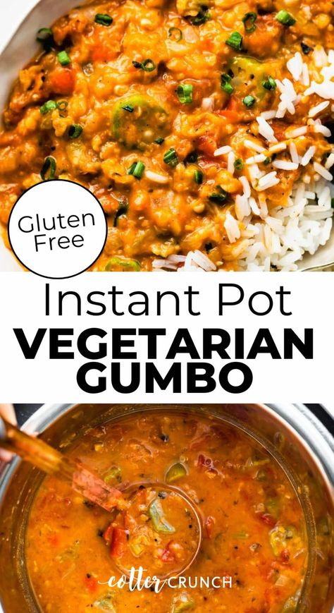 Inspired by classic New Orleans gumbo, this Instant Pot Gumbo recipe is made with vegetarian ingredients and features fresh veggies, warm spices, and plenty of flavor! Quick and easy to make, it’s the perfect gluten free, budget-friendly meal prep recipe for every occasion. Made with lentils, Cajun seasonings, okra, vegetable broth, and Tabasco sauce. Vegetarian Gumbo Recipe, Instant Pot Gumbo Recipe, Instant Pot Gumbo, Gumbo Crockpot, Okra Vegetable, Vegetarian Gumbo, New Orleans Gumbo, Instant Pot Vegetarian, Gluten Free Instant Pot