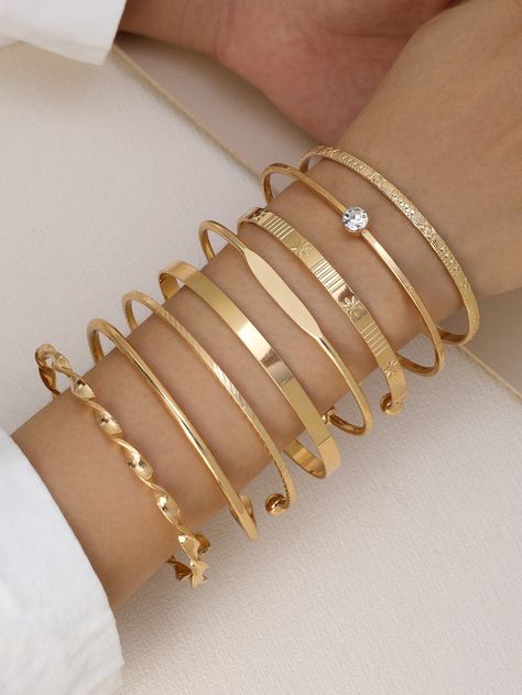 8pcs Simple & Vintage & Fashionable Rhinestone Inlaid Open Cuff Bracelet Set For Women's Daily WearI discovered amazing products on SHEIN.com, come check them out! Simple Gold Bangle, Jewel Design, Gold Bracelet Simple, Gold Bangles For Women, Gold Bangle Set, Open Cuff Bracelet, Bangle Bracelet Set, Gold Bracelets, Estilo Punk