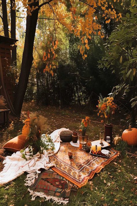 Enchanting outdoor picnic setup with fall-themed decor in a garden. Garden Picnic Aesthetic, Activity Aesthetic, Fall Picnic Food, Garden Aesthetics, Aesthetic Picnic, Fall Picnic, Picnic Aesthetic, Picnic Essentials, Garden Picnic