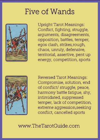 Tarot Flashcards – Five of Wands Tarot Upright and Reversed Keyword Meanings www.thetarotguide.com # FiveofWands #Tarotcards #Tarotcardmeanings #Tarot #Tarotspreads #Tarotreading #Tarotreaders #Learnhowtoreadtarot #clairvoyant #divination #psychictarot Five Of Wands Tarot, Five Of Wands, Read Tarot, Learn Tarot, Wands Tarot, Tarot Cards For Beginners, Learning Tarot Cards, Tarot Guide, Tarot Book