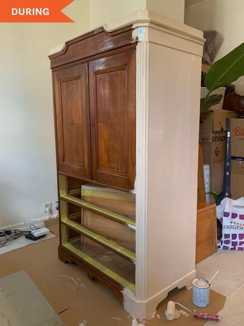 Painting Wardrobes Before And After, Diy Armoire Makeover Ideas, Tv Armoire Repurposed, Wooden Wardrobe Ideas, Pink Armoire, Armoire Redo, Armoire Repurpose, Cheap Closet, White Armoire