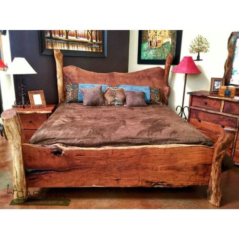 Live Edge Wood Slab Bed Rustic design that fits well with any country home as well as any rustic modern bedroom in the city. Built with mesquite logs and slabs, this one of kind beauty is ready for some unique sleep adventures. Ready to ship to the Contiguous United States in 8 to 10 weeks. Available in Eastern King, California King, Queen, Full, Twin XL and Twin size beds. INCLUDES: Headboard, Foot board, Rails and wood slats to support your mattress set. Live Edge Bedroom, Rustic Modern Bedroom, Live Edge Bed, Rustic Style Furniture, Wood Bed Design, Luxury Duvet Covers, Rustic Bedding, Live Edge Wood, Wood Beds