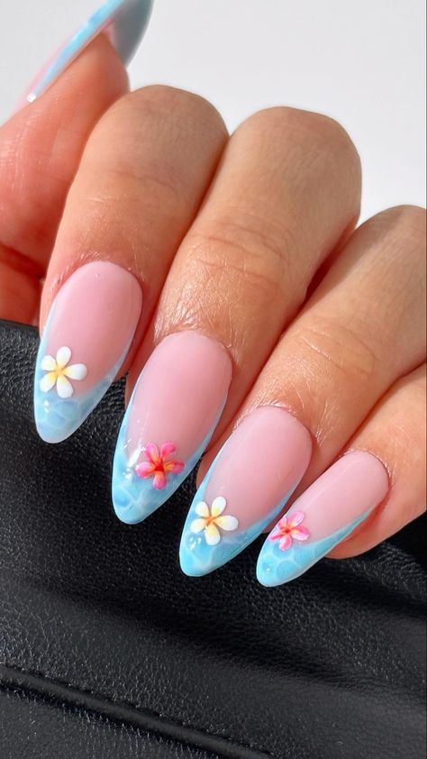 Blue N Pink Nails, Joy Nails, Short Summer Nails, Teen Nails, Beachy Nails, Summery Nails, Girly Acrylic Nails, Floral Nail Art, Floral Nail