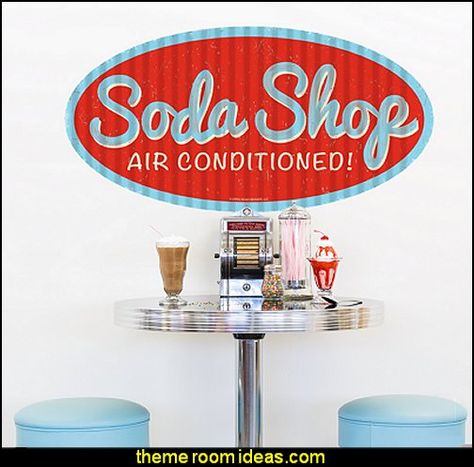 Vintage Soda Shop Decor, 50s Bedroom Ideas, Vintage Soda Shop, Fountain Decor, College Dance, Retro Dance, Corrugated Tin, Soda Shop, Retro Diner