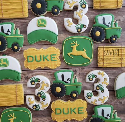 Tractor Birthday Party Cookies, Three Year Old Tractor Party, 3rd Tractor Birthday Party, Tractor First Birthday Cake, Tractor Third Birthday Party, Tractor Birthday Cookies, 3rd Birthday Tractor Theme, Oh Deere Tractor Party, 1st Birthday Tractor Theme