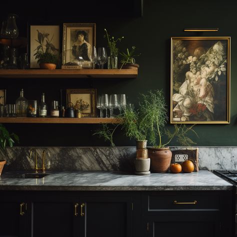 Dark Marble Kitchen Countertops, Kitchen Dark Marble Countertops, Moody Kitchen Open Shelves, Dark Tone Kitchen, Dark Moody Kitchen Design, Moody Kitchen Art, Kitchen Aesthetic Vintage Dark, Moody Mid Century Modern Kitchen, Rockstar Kitchen