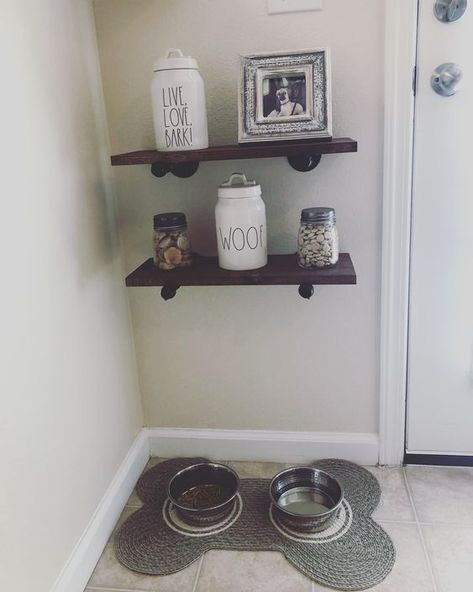 Pinterest Dog Spot In Bedroom, Farmhouse Dog Area, Dog Bowl Corner, Dog Treat Shelf, Diy Dog Decor Crafts, Dog Shelf Decor, Where To Put Dog Bowls In House, Dog Bowl Area In Kitchen, Dog Feeding Area In Kitchen