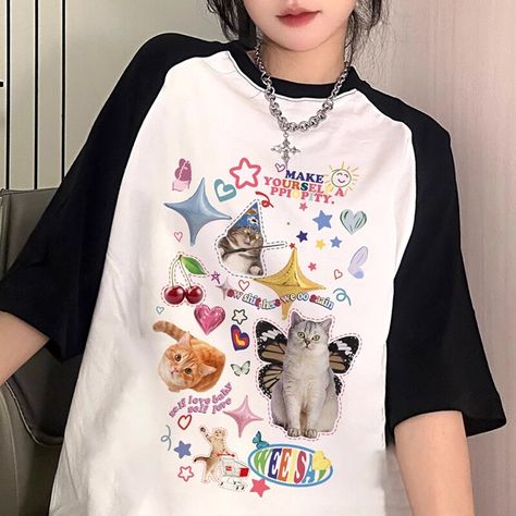 Smarter Shopping, Better Living! Aliexpress.com Cat Shirt Y2k, Preppy Kawaii, Summer Cotton Tops, Tops Korean, Animal Print T Shirts, Cartoon Cats, Kawaii Shirts, Vintage Cartoon, Style Summer