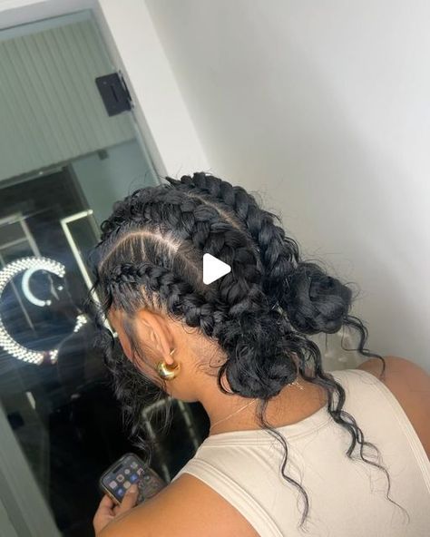 ATLANTA BRAIDER + LOCS on Instagram: "My 1st attempt at these pretty butterfly braids & I’m obsessed! Now added to the booking site under “Butterfly Stitch Braids” come & get some of these! 🤍📆  ✨BRAIDING HAIR + HUMAN HAIR CURLS USED ✨  December Books Open! Click the link in my bio  . . .  #atlbraids #atlstitchbraids #atlbutterflylocs #atlbutterflybraid #butterflybraid #atlstitchbraids #atlbraiders #bohobraids" Goddess Feed In Braids Cornrows, Boho French Braid, Cornrow Butterfly Braid, Stitch Butterfly Braids, Cute Stitch Braids With Curls, 4 Feed In Braids With Curls, Butterfly Goddess Braid, Two Braids With Bun, Two French Braids With Weave Curly Ends