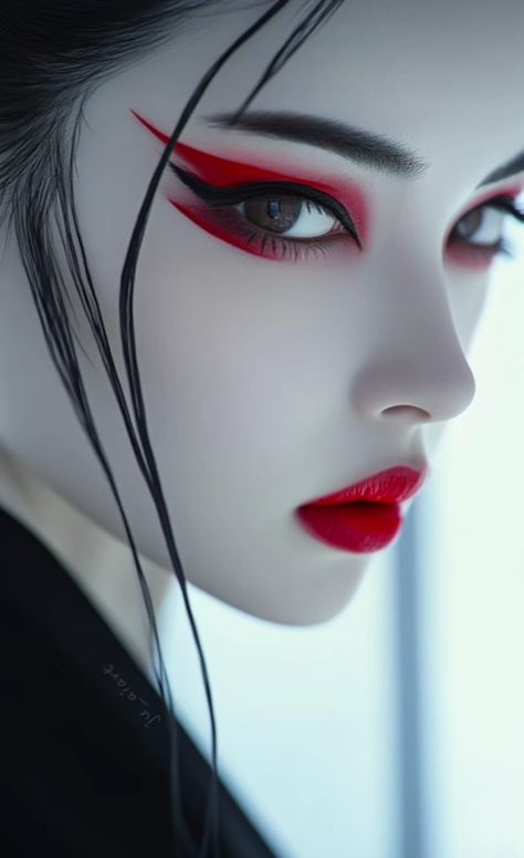 Japanese Inspired Makeup, Ninja Make Up, Oni Makeup, Geisha Halloween Costume, Japanese Geisha Makeup, Japanese Makeup Looks Traditional, Geisha Makeup Halloween, Geisha Halloween Makeup, Geshia Makeup