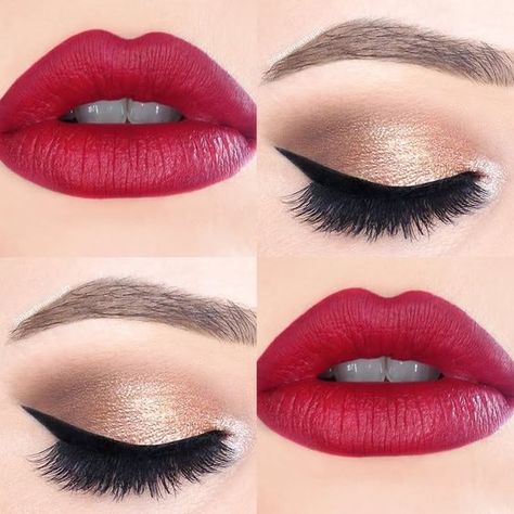 Golden Dress Makeup, Eye Makeup Red Dress, Red Lipstick Looks, Quinceanera Makeup, Wedding Makeup Tutorial, Red Dress Makeup, Linda Hallberg, Red Lip Makeup, Golden Dress