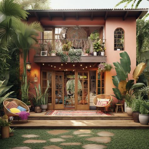 Boho Chic House Exterior, Modern Eclectic House Exterior, Artsy Houses Exterior, Boho House Exterior Bohemian, Bohemian Exterior House, Earthy House Exterior, Bohemian House Exterior, Boho Exterior House, Bohemian Exterior