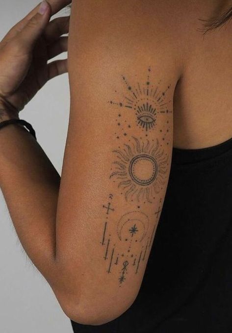 Big Upper Arm Tattoos Women, Witchy Spine Tattoos For Women, Summer Inspired Tattoo, Outer Arm Tattoos For Women, Bohemian Tattoo, Earthy Tattoos, Basic Tattoos, Hippie Tattoo, Boho Tattoos