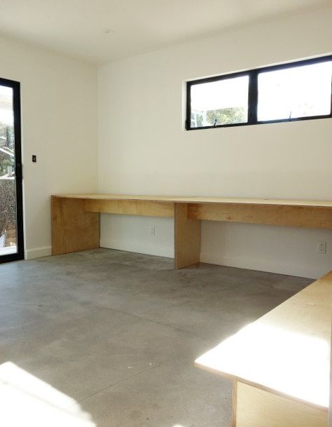 Full Wall Desk, Long Wood Desk, Long Desk Along Wall, Long Study Table, Long Office Desk, Garage Goals, Plywood Desk, Desk Units, Kitchen Storage Units