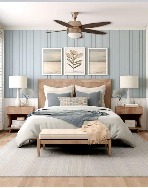 Design Interior Masterbedroom, Beach Condo Bedroom Ideas, Blue Colour Palette For Bedroom, Beach Blue Bedroom, Organic Coastal Bedroom, Coastal Beach House Interiors Bedroom, Coastal Interior Design Bedroom, Bedroom Ideas Masterbedroom, Blue Walls Bedroom Ideas