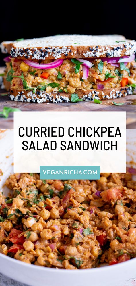 For a healthy and easy lunch try this Curried Chickpea Salad Sandwich recipe. This sandwich is essentially a vegan version of curried egg salad using chickpeas! Chick Pea Salad Sandwich, Curried Chickpea Salad, Chickpea Salad Sandwich, Chickpea Salad Recipes, Vegetarian Meal Prep, Chicken Curry Salad, Chick Pea, Vegan Salad Recipes, Pea Salad