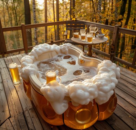 Hot Tub Shaped like Oversized Beer Mug in Autumn Setting Home Deck, Inspirational Digital Art, Photography Movies, Warm Lighting, Mug Cozy, Conceptual Photography, Photography Games, Hot Tub Outdoor, Wooden Floor