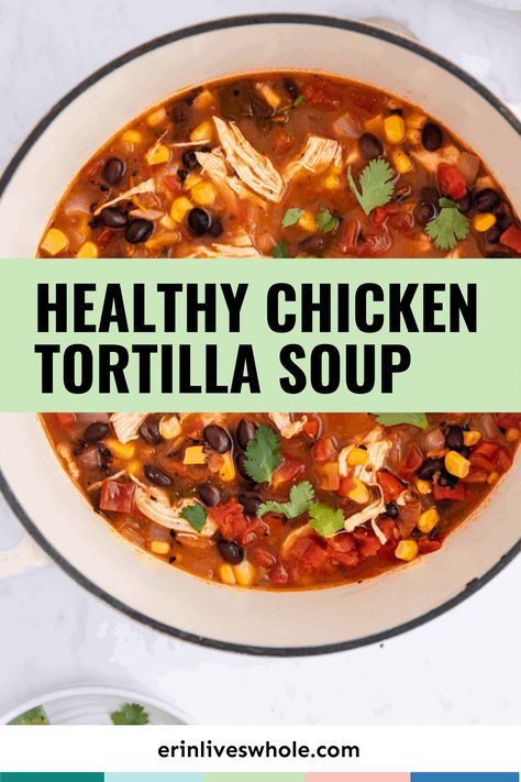 This Mexican-inspired chicken tortilla soup will be your favorite soup this fall. It's easy, healthy, and protein packed. And the best part - it can be made on the stove top or in your crock pot! Healthy Tortilla Soup, Easy Chicken Tortilla Soup, Healthy Chicken Tortilla Soup, Tortilla Soup Easy, Chicken Tortilla Soup Crock Pot, Chicken Tortilla Soup Easy, Chicken Tortillas Soups Recipe, Tortilla Soup Recipe, Lost 100 Pounds