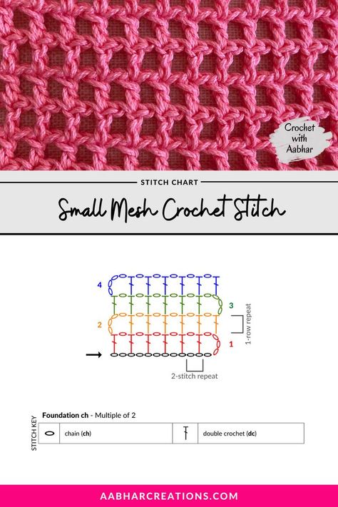 Mesh Crochet Stitch, Crochet Stitch Pattern, Mesh Crochet, Crochet Stitches Chart, Crochet Charts, Crochet Tutorial Pattern, Crochet Stitches Guide, Crochet Stitches Free, Beginner Crochet Tutorial