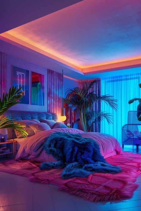 Retro Futurism Bedroom, Vibey Bedroom Aesthetic, Neon Bedroom Aesthetic, Vaporwave Bedroom, Chaotic Room, Vibey Bedroom, Vaporwave Room, Best Master Bedrooms, Vibey Room