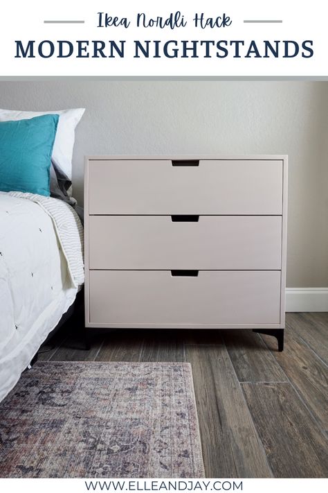 These DIY wood nightstands with 3 drawers were my first Ikea hack and one of my favorite furniture projects. This was a budget friendly DIY furniture project to create custom modern bedside tables from Ikea Nordli drawers. Check out this post if you are looking for Ikea hacks, wood DIY nightstand ideas, or bedside table ideas. Dresser Room Divider, Ikea Nordli Hack, Ikea Nightstand Hack, Nordli Ikea, Dresser Room, Ikea Alex Desk, Bedside Table Ikea, Ikea Nightstand, Ikea Nordli