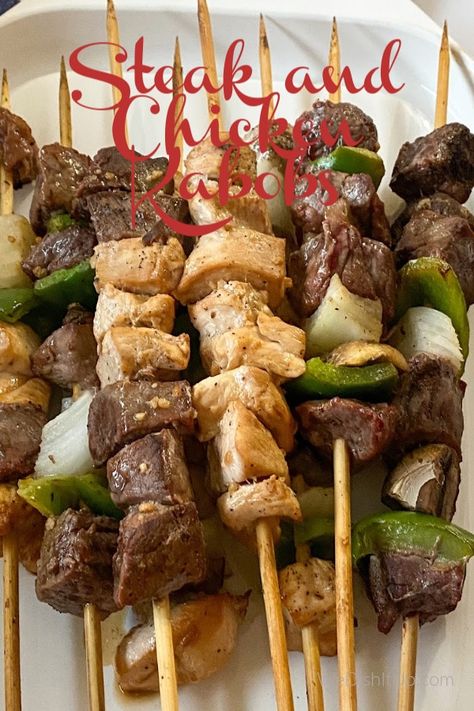 Steak and Chicken Kabobs Steak And Chicken Kabobs, Steak Kabob Marinade, Beef Kabob Marinade, Chicken Shish Kabobs, Kabob Marinade, Steak Kebabs, Barbecue Pork Ribs, Chicken Kabob Recipes, Classic Macaroni Salad