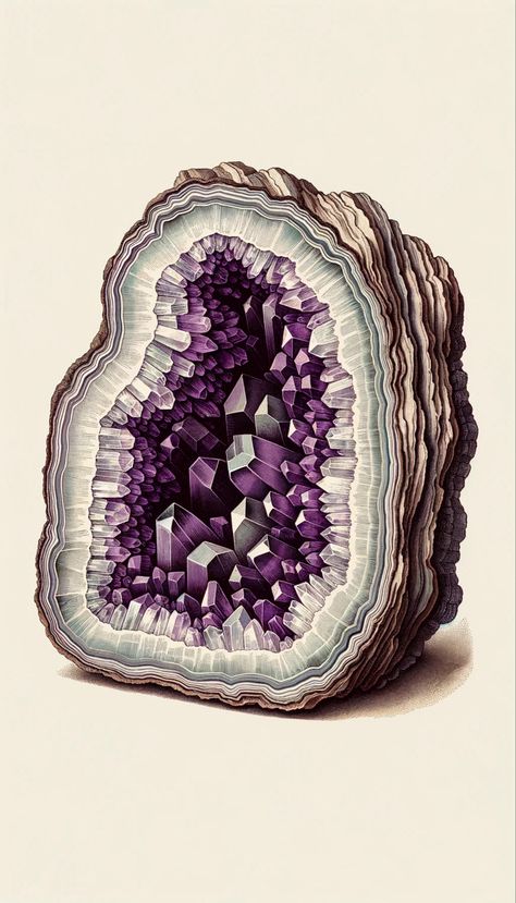 Vertical illustration, 1900s style, of an amethyst geode cross section, displaying deep purple crystals inside a rugged brownish-grey exterior Geode Drawing, Quartz Drawing, Amethyst Art, Crystal Artwork, Amethyst Drawing, Crystal Collage, Amethyst Crystal Aesthetic, Amethyst Painting, Amethyst Illustration