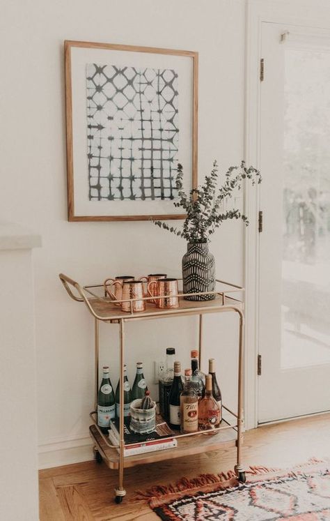 Bar cart in entryway Bar Cart Brass And Wood, Ice Bucket Bar Cart, Target Bar Cart Styling, Neutral Bar Cart Styling, Bar Cart Farmhouse Style, Farmhouse Bar Cart, Coastal Bar, Home Office Inspiration, Bar Cart Styling