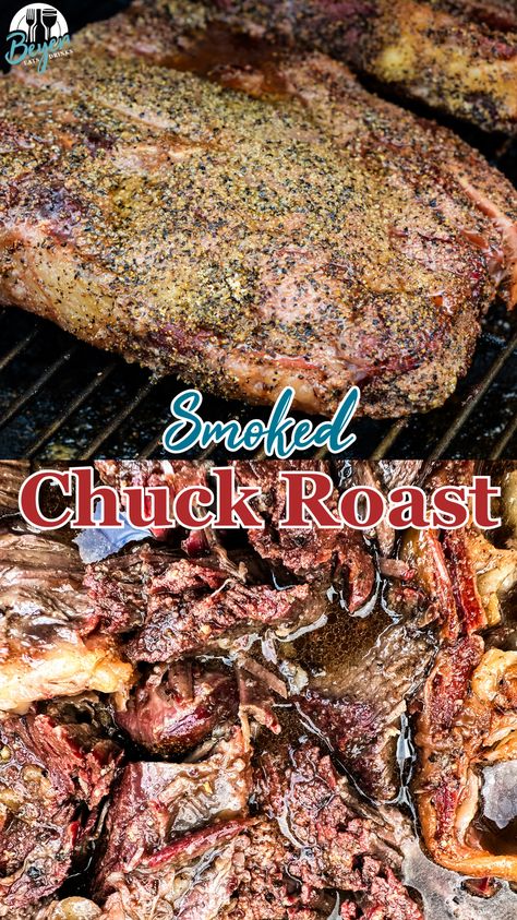 Smoked chuck roast will quickly become one of your favorite cuts of beef to smoke with a simple beef rub made with garlic, salt, and pepper and then finished in a pan of onions and beef broth. It is a great alternative to a beef brisket. Smoker Chuck Roast Recipes, Smoked Chuck Roast Electric Smoker, Smoked Beef Shoulder Roast, Roast In Smoker, Roast Beef Rub Recipe, Chuck Roast Burnt Ends Smoker, Smoked Arm Roast, Smoked Chuck Roast Recipes, Beef Chuck Roast Recipes