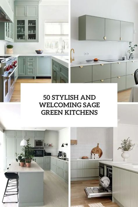 stylish and welcoming sage green kitchens cover Sage Green And Cream Kitchen, Green Sage Kitchen, Sage Green Kitchens, White Stone Backsplash, White Herringbone Tile, No Upper Cabinets, Glossy Kitchen, Green Kitchens, White Kitchen Countertops