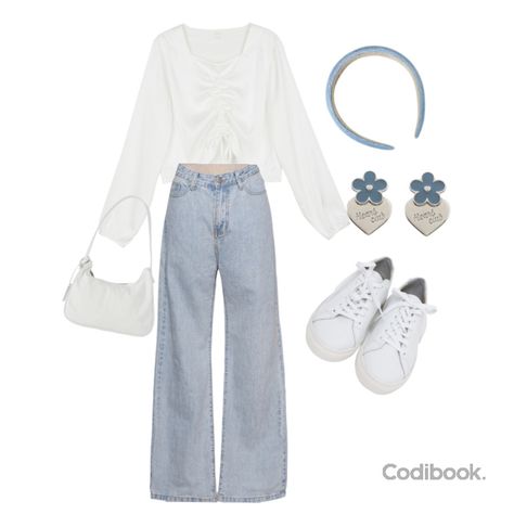 Codibook Outfit, Codibook Style, White Bag Outfit, White And Blue Outfits, Blue Ootd, Bag Jeans, Sweet Jeans, Korean Fashion Dress, Korean Girl Fashion