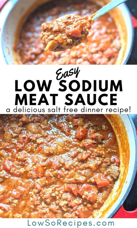 Low Sodium Meat Sauce for Pasta Recipe (No Salt Added) Low Sodium Meat, Low Sodium Beef Stew, Low Salt Dinners, Low Sodium Pasta Sauce, Low Sodium Spaghetti Sauce, Easy Low Sodium Recipes, Salt Free Diet, High Blood Pressure Diet Meals, Heart Healthy Recipes Easy