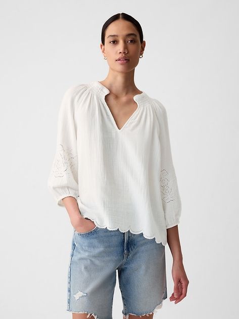 Eyelet Puff Sleeve Shirt Everlane Outfit, Eyelet Shirt, Puff Sleeve Shirt, White Eyelet, Scalloped Hem, Puff Sleeves, Cotton Shirt, Fashion News, Puff Sleeve