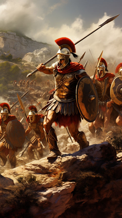 Ancient Greek soldiers fighting on the battlefield Greek Soilders, Ancient Greece Soldier, Greek Soldier Art, Greek Warrior Aesthetic, Roman Soldier Art, Spartan Aesthetic, Ancient Greek Soldier, Ancient Greek Aesthetic, At Dawn We Ride