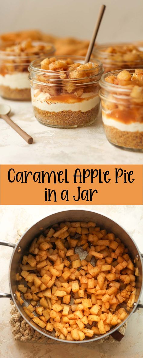 Caramel Apple Pie in a Jar offers a no-bake, easy-to-transport dessert that blends the cozy, spiced taste of caramel apple pie with the delightful appeal of a mason jar presentation. These individual portions provide a playful variation on a beloved classic! Mini Pies In Mason Jars, Mini Mason Jar Apple Pie, Mason Jar Apple Crisp, Apple Pie Dessert Shooters, Lemon Pie In A Jar, Pies In Mason Jars, Apple Pie Mason Jar Recipe, Dessert In A Jar No Bake Easy Recipes, Mini Apple Dessert Cups